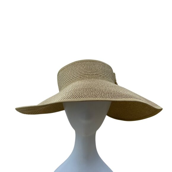 Wide Brim Straw Sun Visor Hat With Bow Closure Beige Adjustable - Picture 1 of 7
